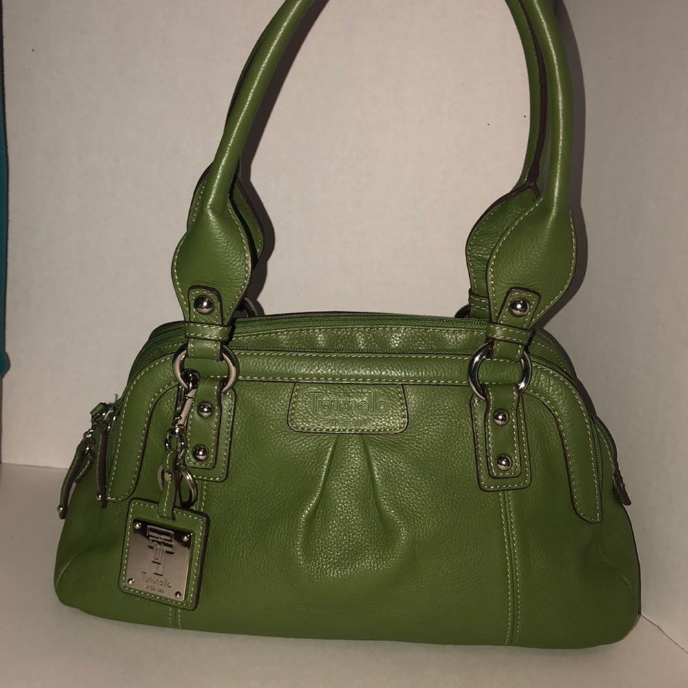 Tignanello Green Leather Zip Shoulder Handbag EUC